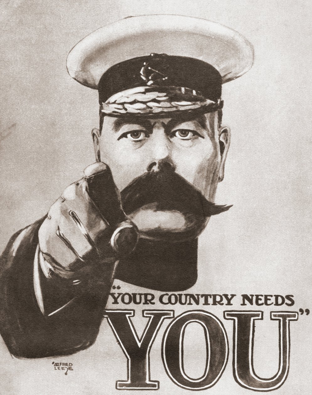 Het Britse wervingsposter uit 1914 met Lord Kitchener en de woorden "Your Country Needs You". Uit The Story of Seventy Momentous Years, uitgegeven door Odhams Press 1937. door Alfred Leete