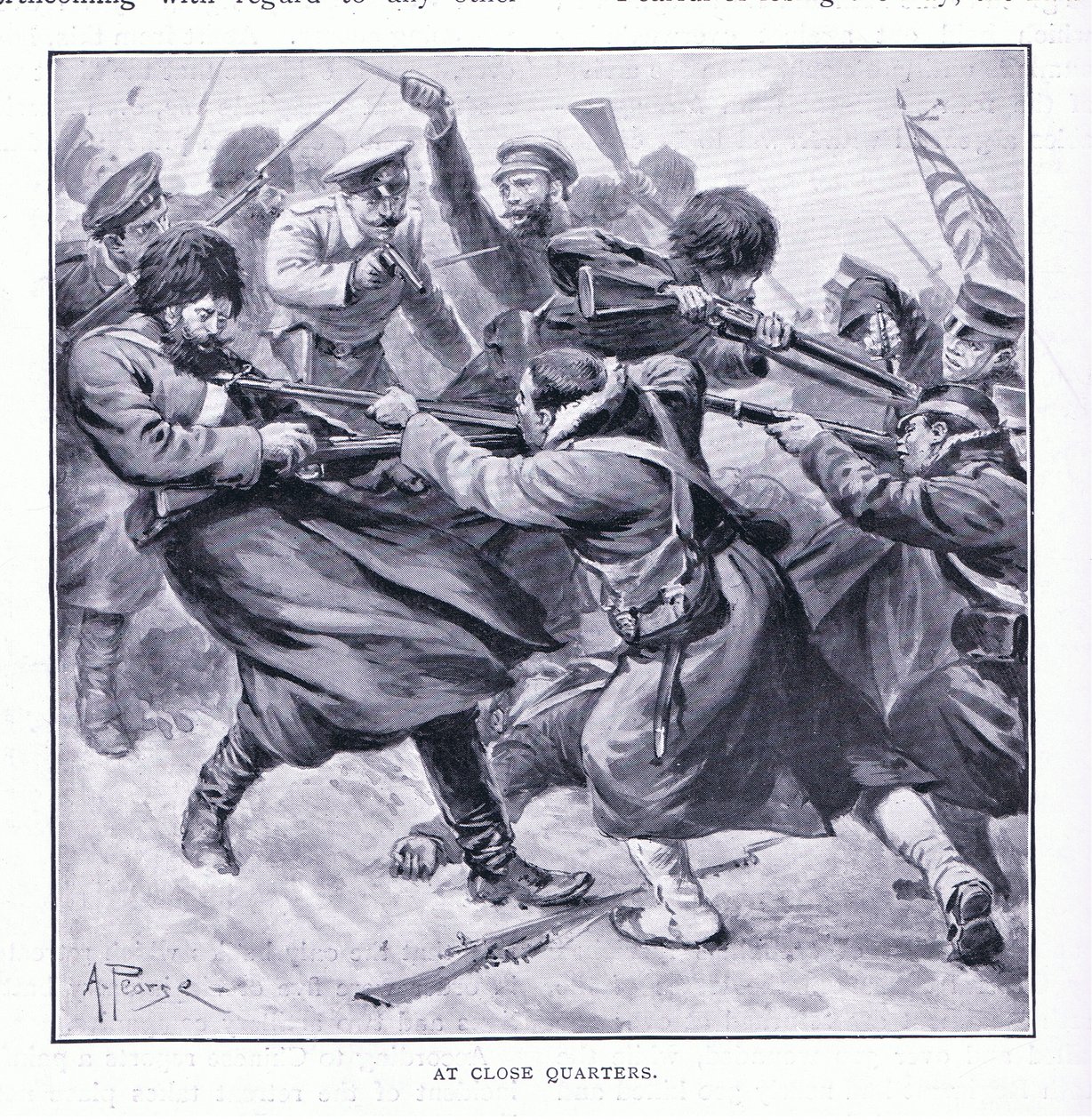 Op korte afstand, illustratie uit Cassells History of the Russo-Japanese War Vol 1, ca. 1900 door Alfred Pearse
