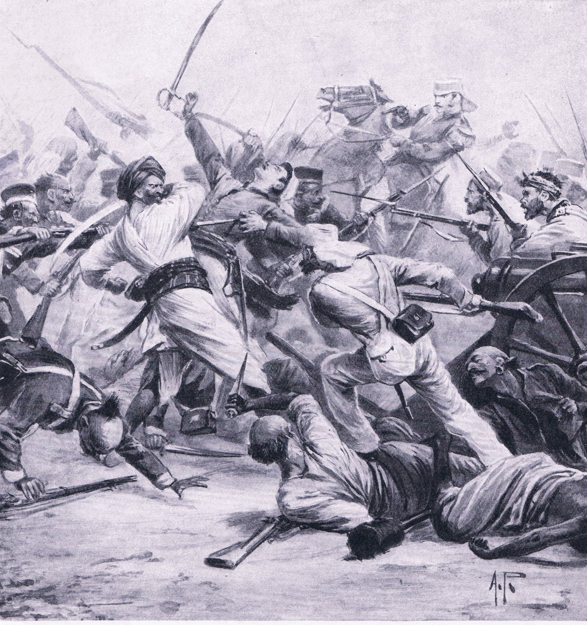 Nicholsons nederlaag van de rebellen bij Najafgarh, 2 augustus 1857, illustratie uit British Battles on Land and Sea, 1915 door Alfred Pearse