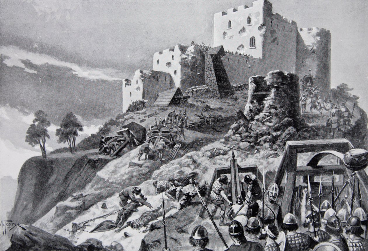 De Welshe aanval op Montgomery Castle in 1095 onder leiding van Cadwgan ap Bleddyn, Prins van Powys, illustratie uit 