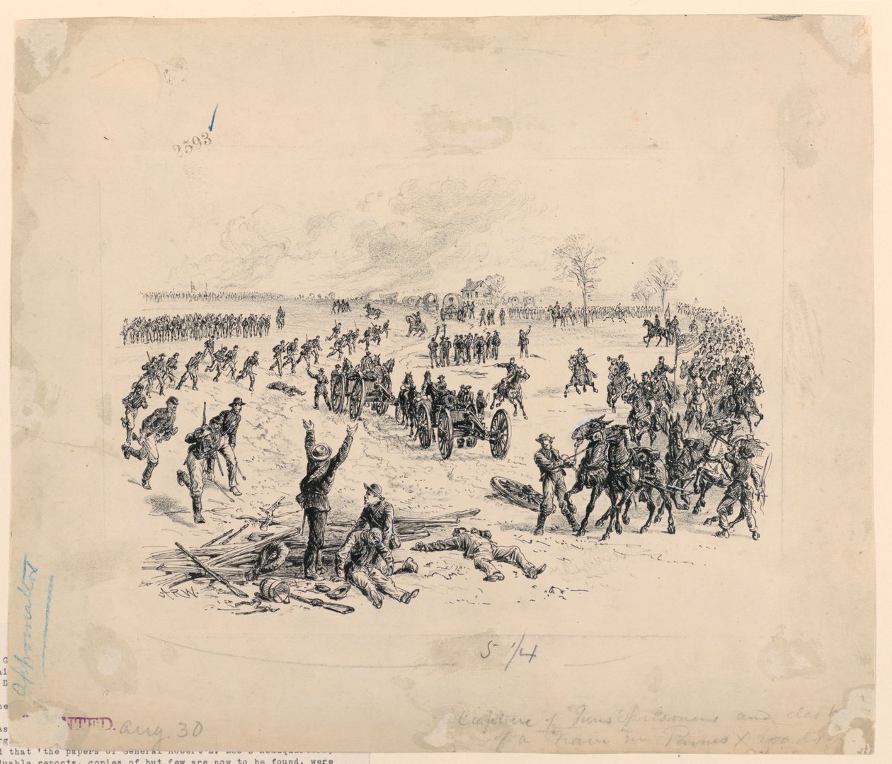 Verovering van kanonnen en vernietiging van een Zuidelijke wagenkolonne door Alfred R. Waud