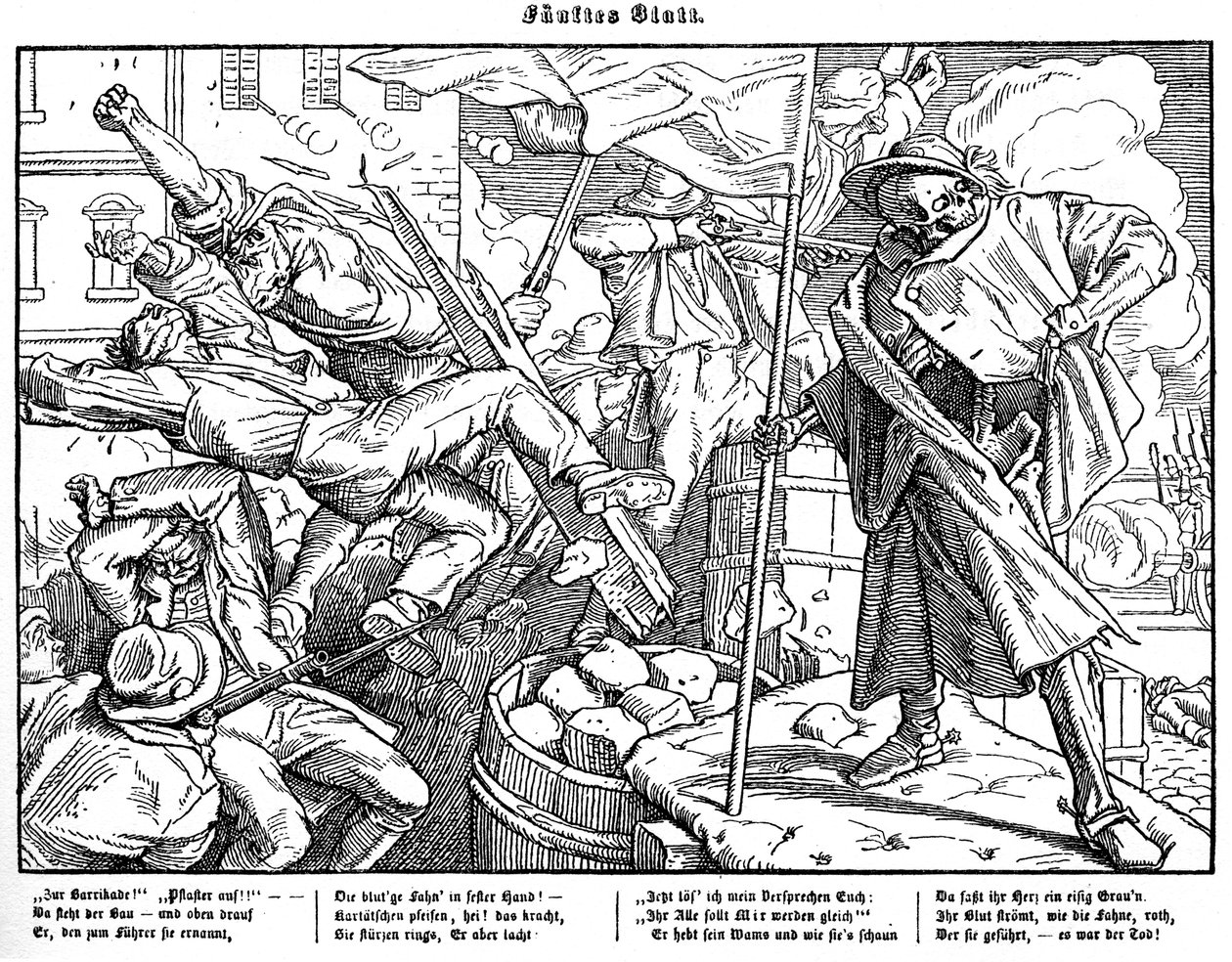 Totentanz 1848: De dood leidt revolutionaire burgers door Alfred Rethel
