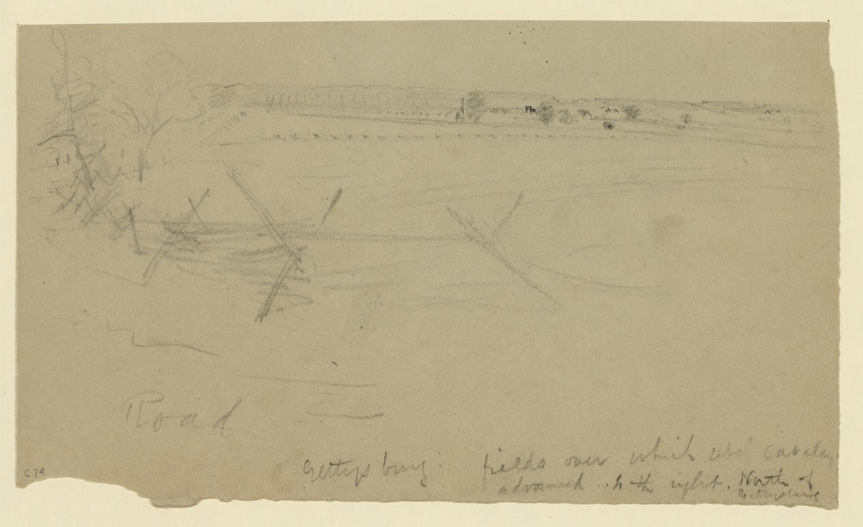 Gettysburg - velden waarover de opstandige cavalerie oprukte naar rechts, ten noorden van Gettysburg door Alfred Rudolph Waud