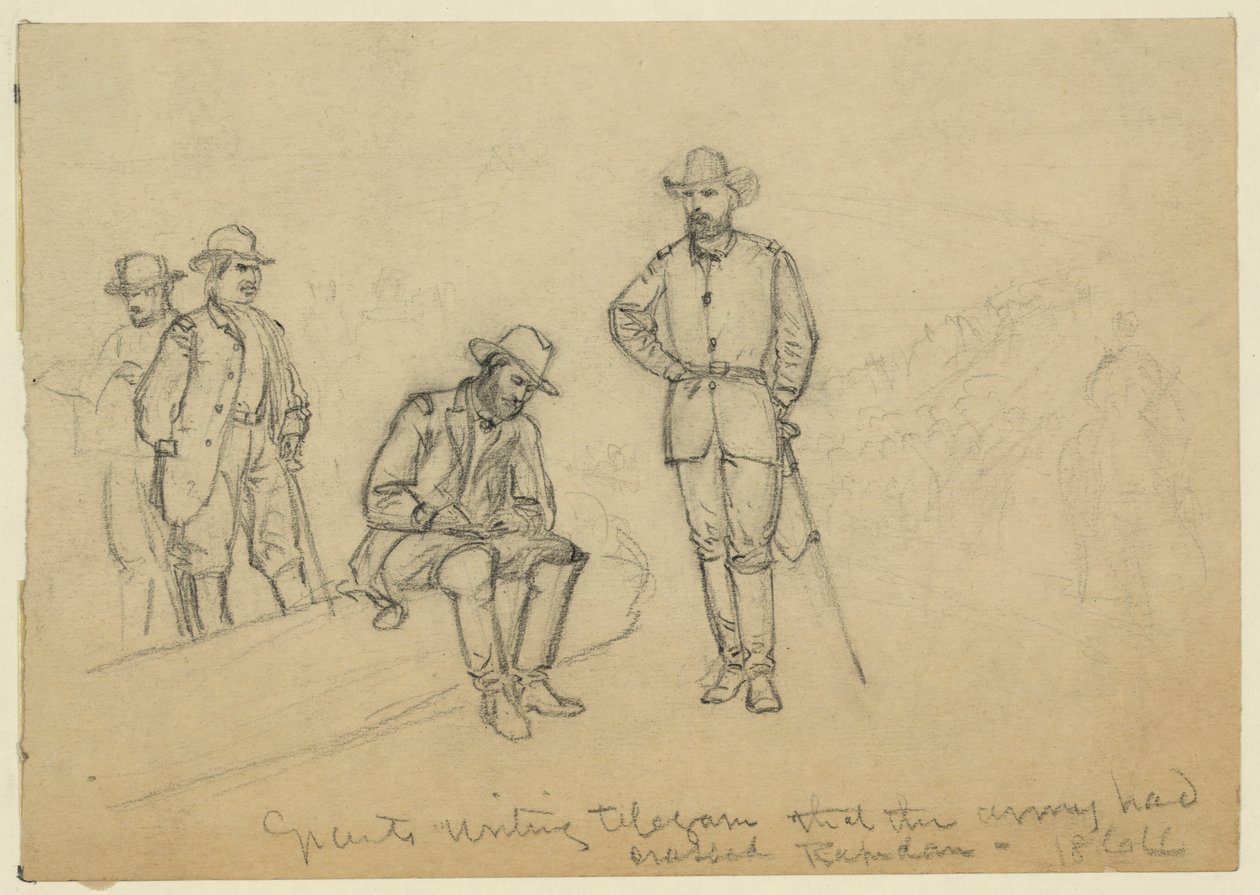 Grant schrijft telegram dat het leger de Rapidan is overgestoken door Alfred Rudolph Waud