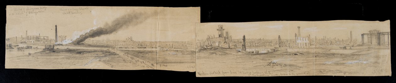Noordelijk district vanaf de Erie Street Bridge, kijkend naar het oosten, tijdens de brand van Chicago in 1871 door Alfred Rudolph Waud