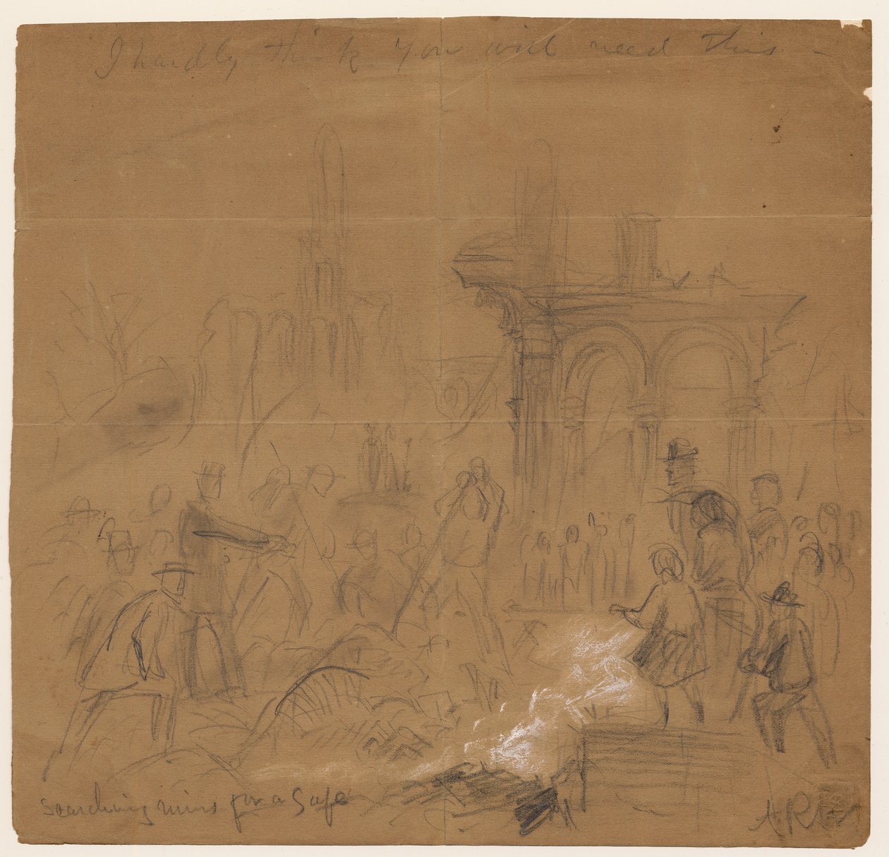 Zoeken naar een kluis in de ruïnes na de brand van Chicago in 1871 door Alfred Rudolph Waud