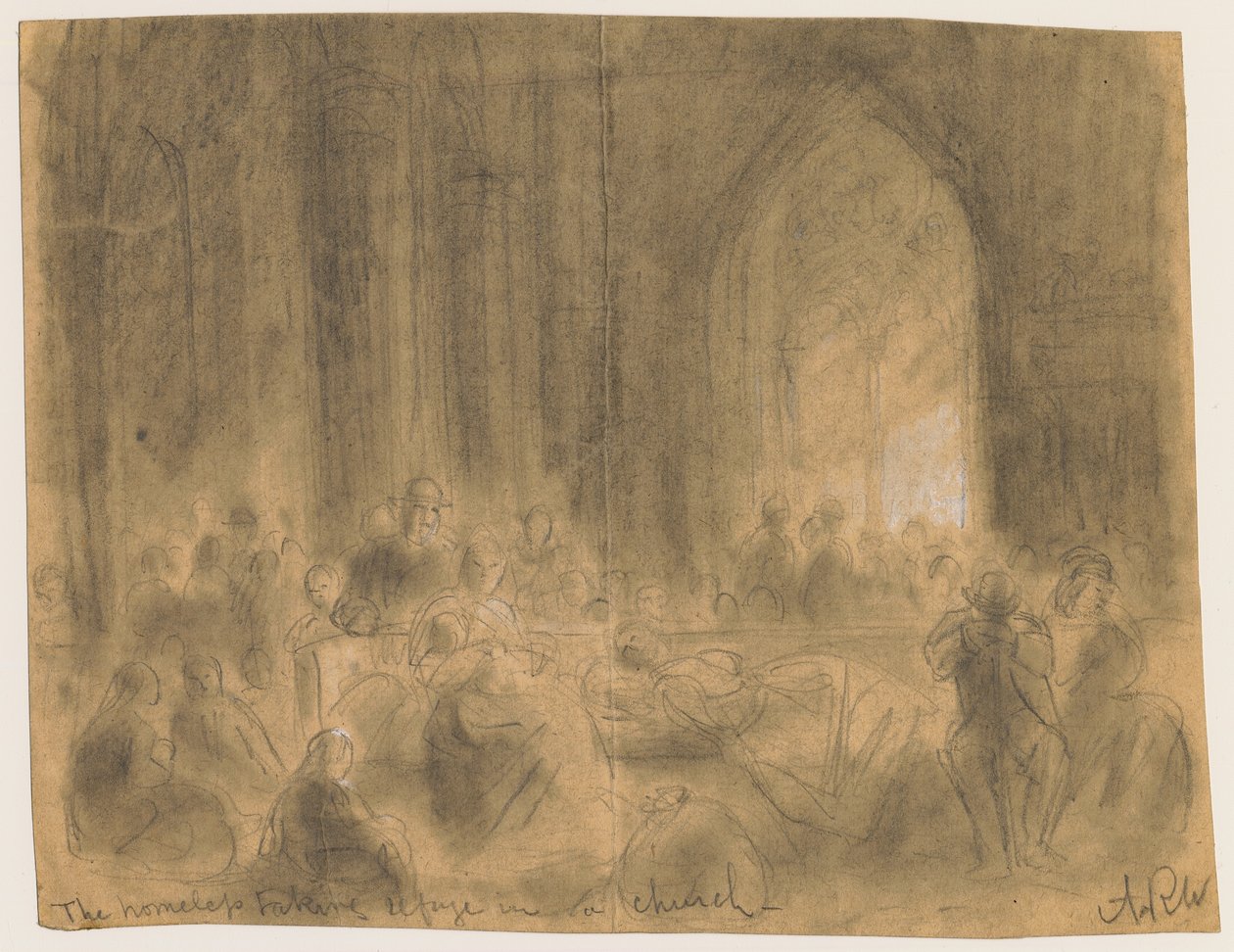 Daklozen die toevlucht zoeken in een kerk tijdens de brand van Chicago in 1871 door Alfred Rudolph Waud
