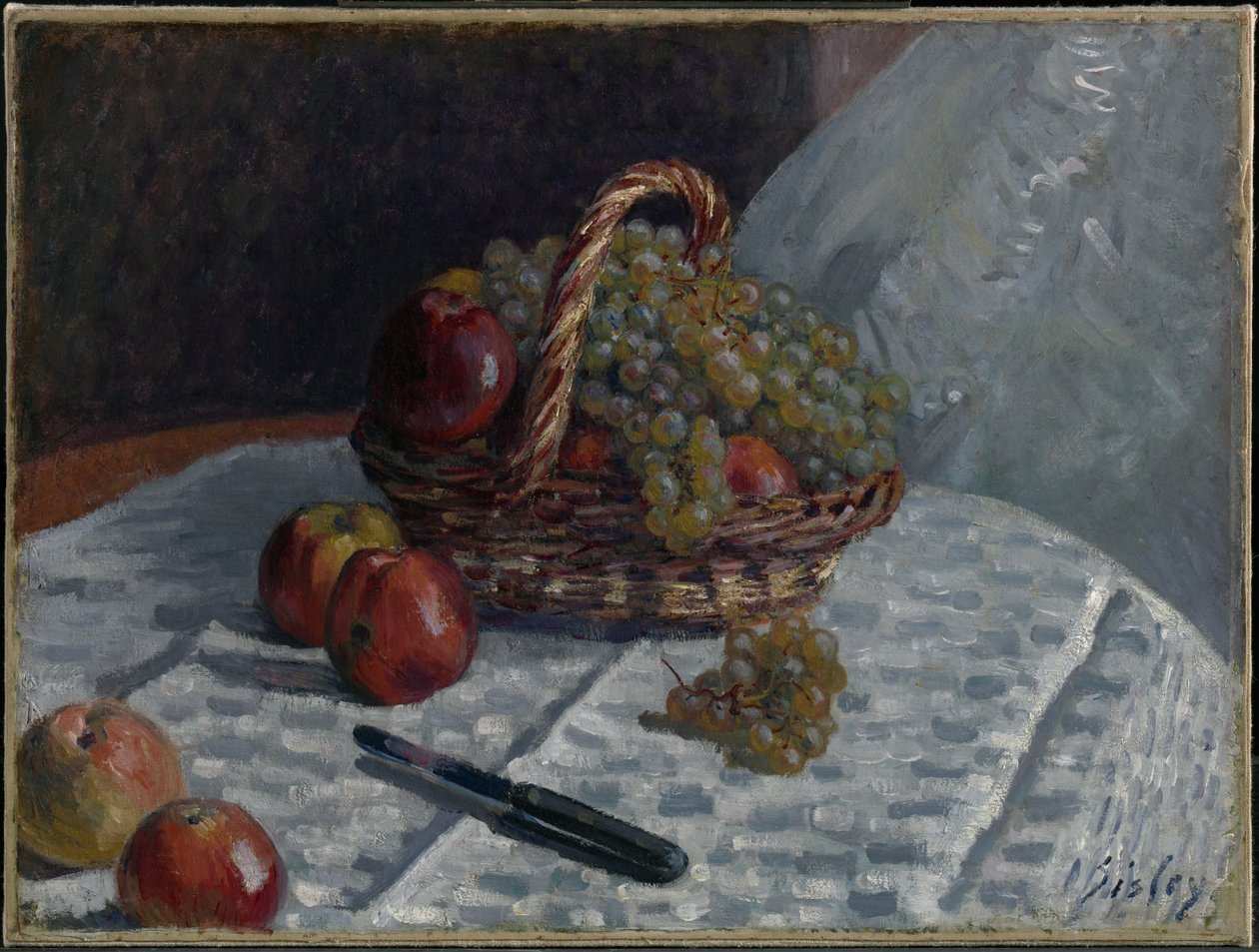 Appels en druiven in een mand door Alfred Sisley