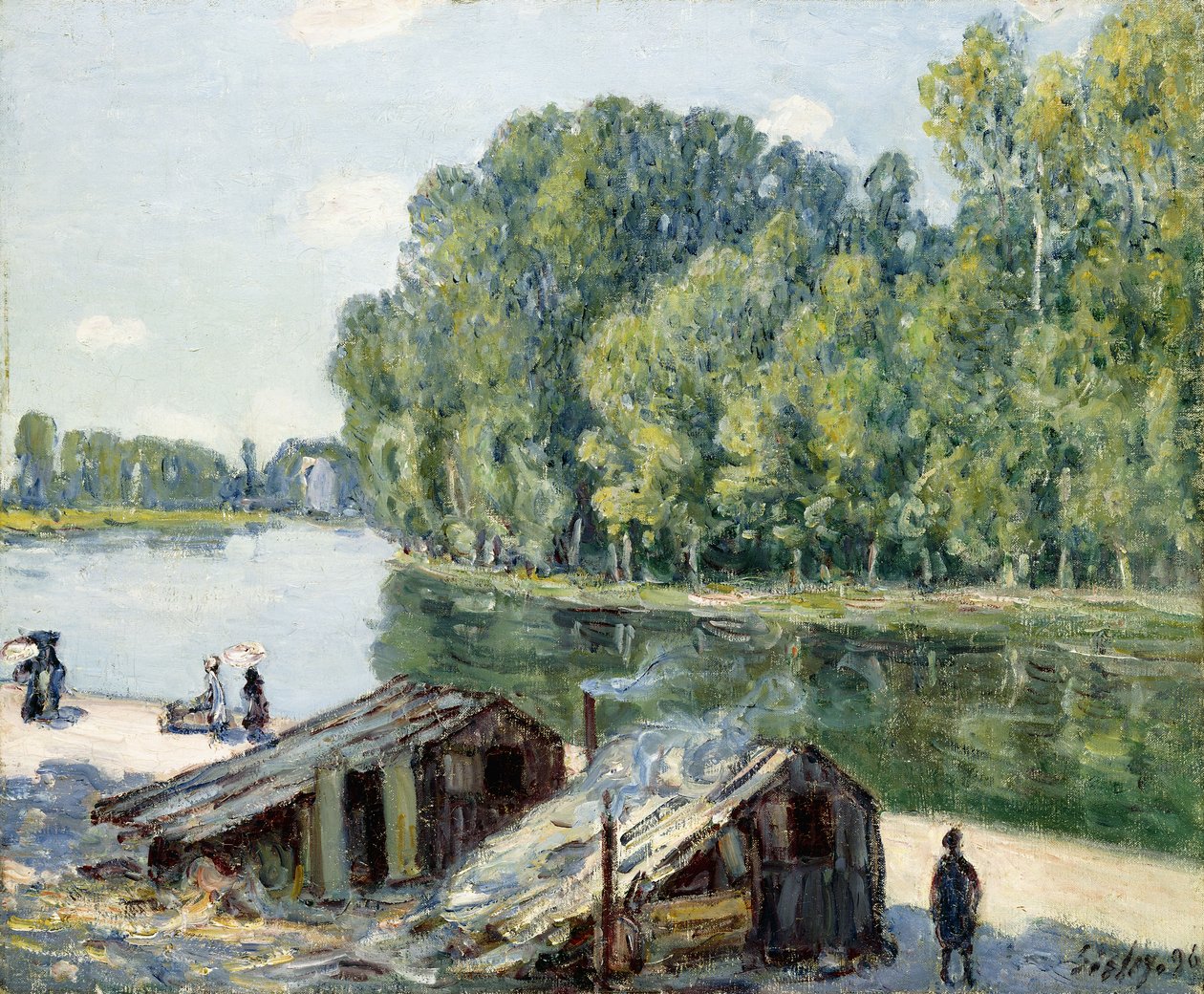 Hutten langs het Canal du Loing, zonlicht effect, 1896 door Alfred Sisley