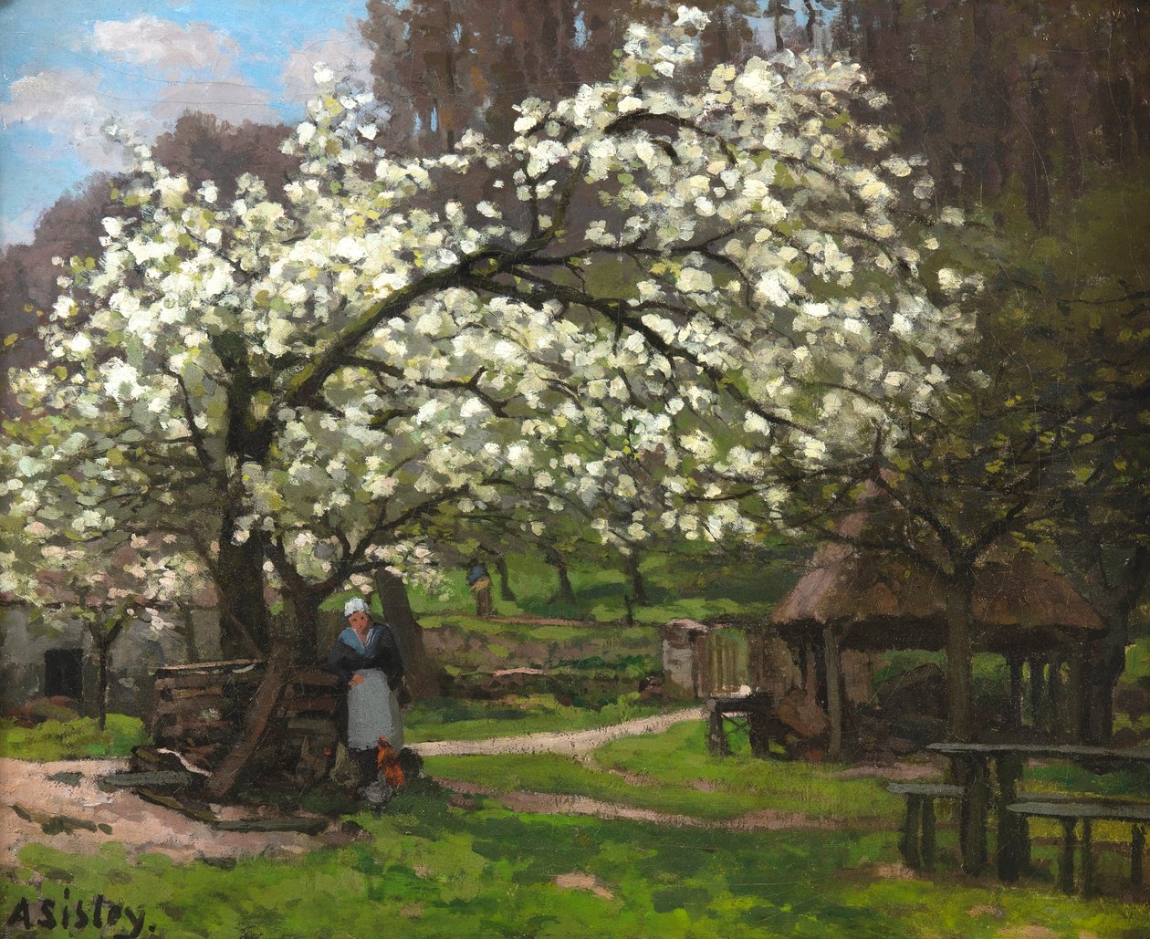 Lente, boerin onder de bloeiende bomen, ca. 1865 door Alfred Sisley