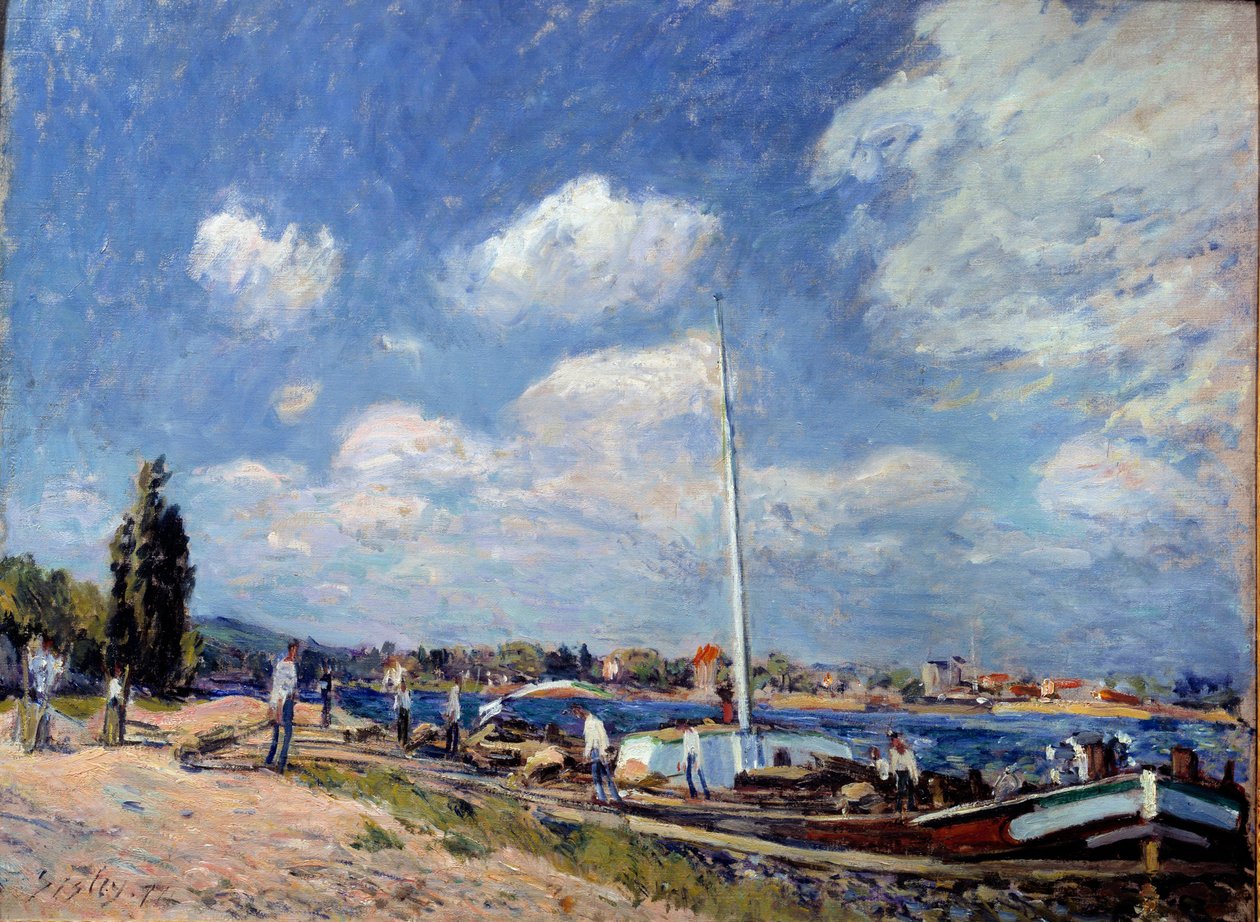 Lossen van de schuiten in Billancourt door Alfred Sisley