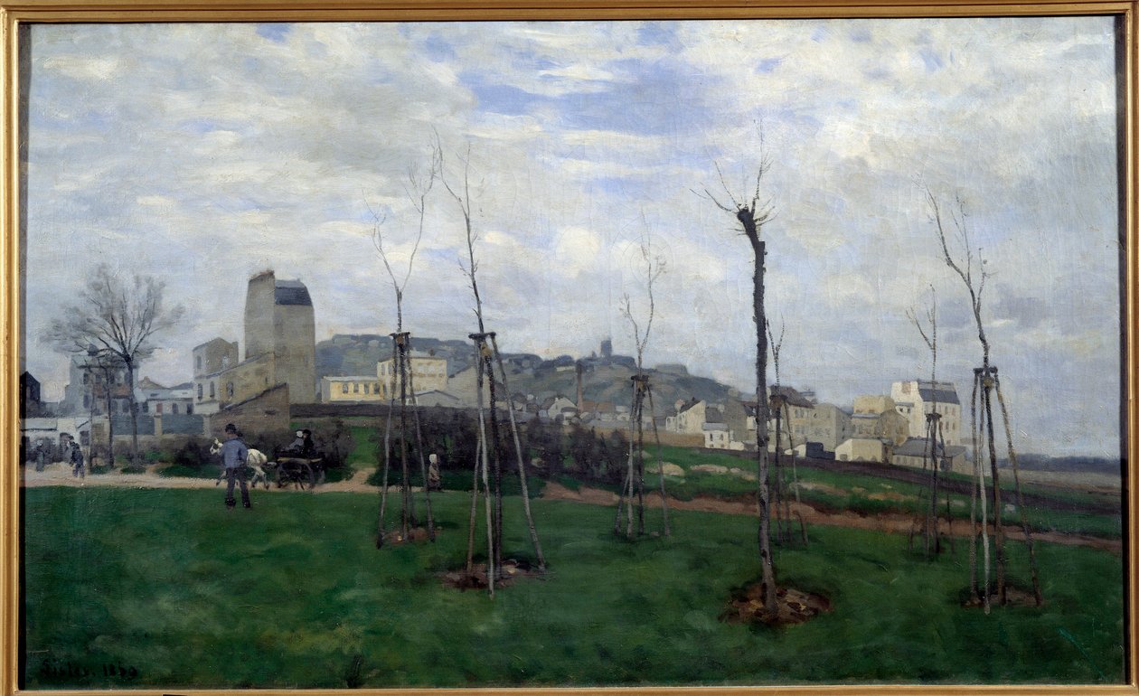 Uitzicht op Montmartre genomen vanuit de bloemenstad bij de Batignolles door Alfred Sisley