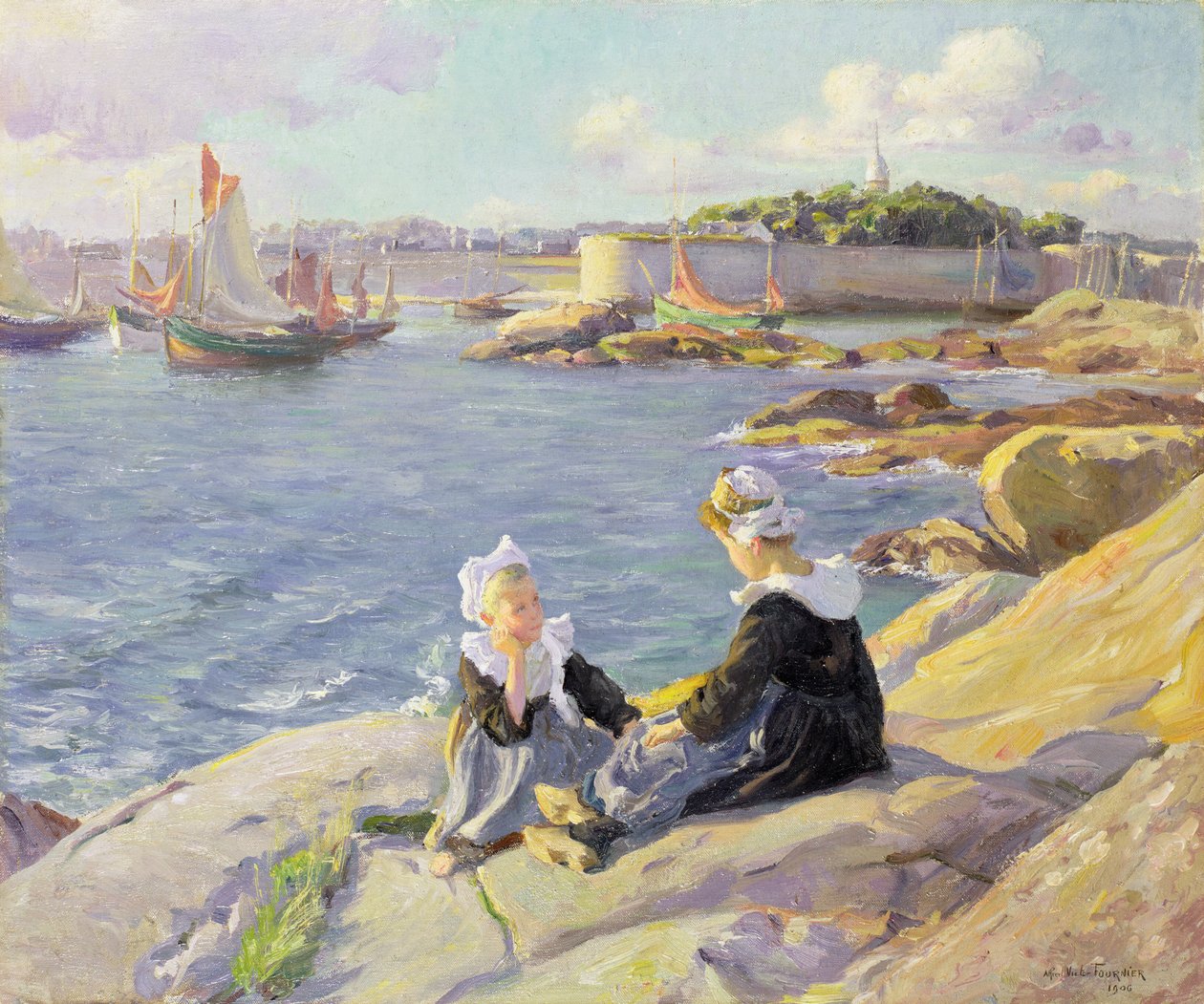 Bretonse Meisjes bij de Haven, Concarneau door Alfred Victor Fournier