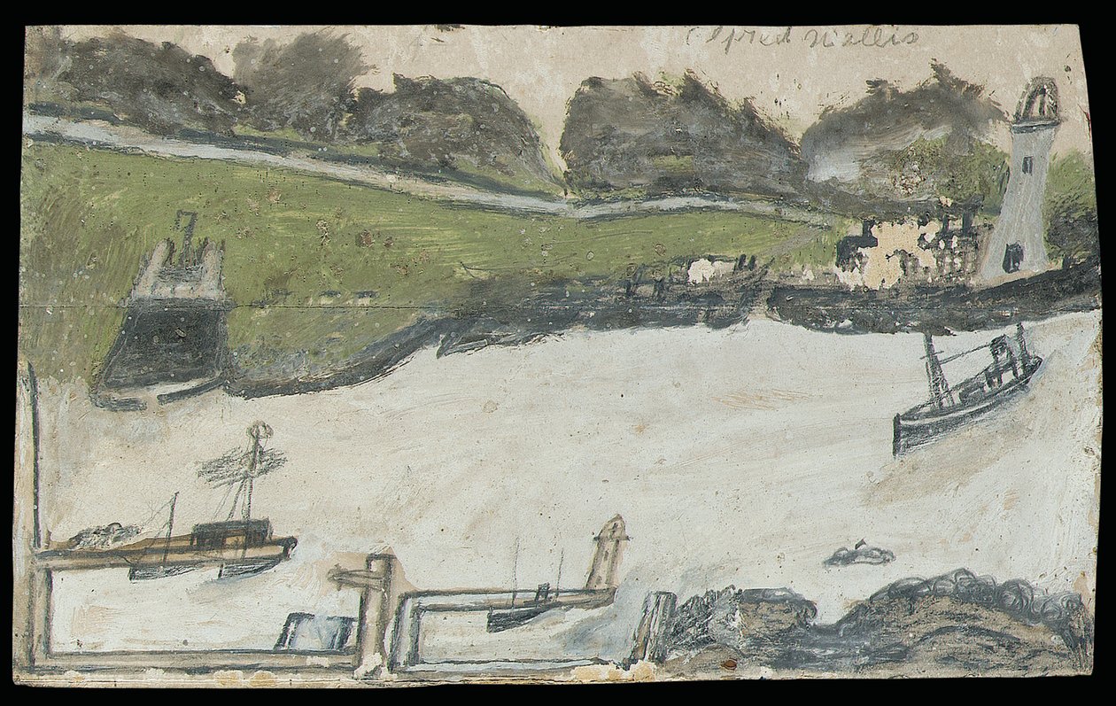 Havengezicht met kasteel en vuurtoren door Alfred Wallis