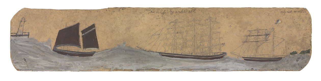 Lugger en twee kleine zeilschepen naderen haven, ca 1855-1942 (olieverf en potlood op kaart) door Alfred Wallis