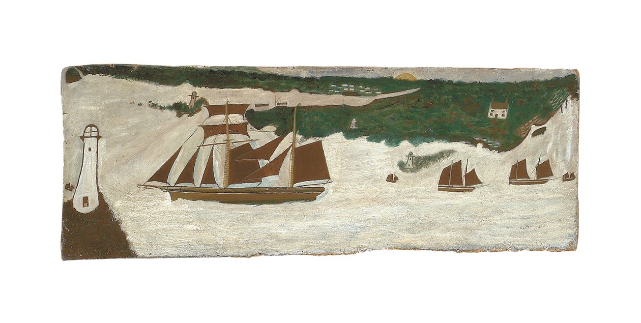 Schoener passeert vuurtoren, ca 1855-1942 (olieverf op board) door Alfred Wallis