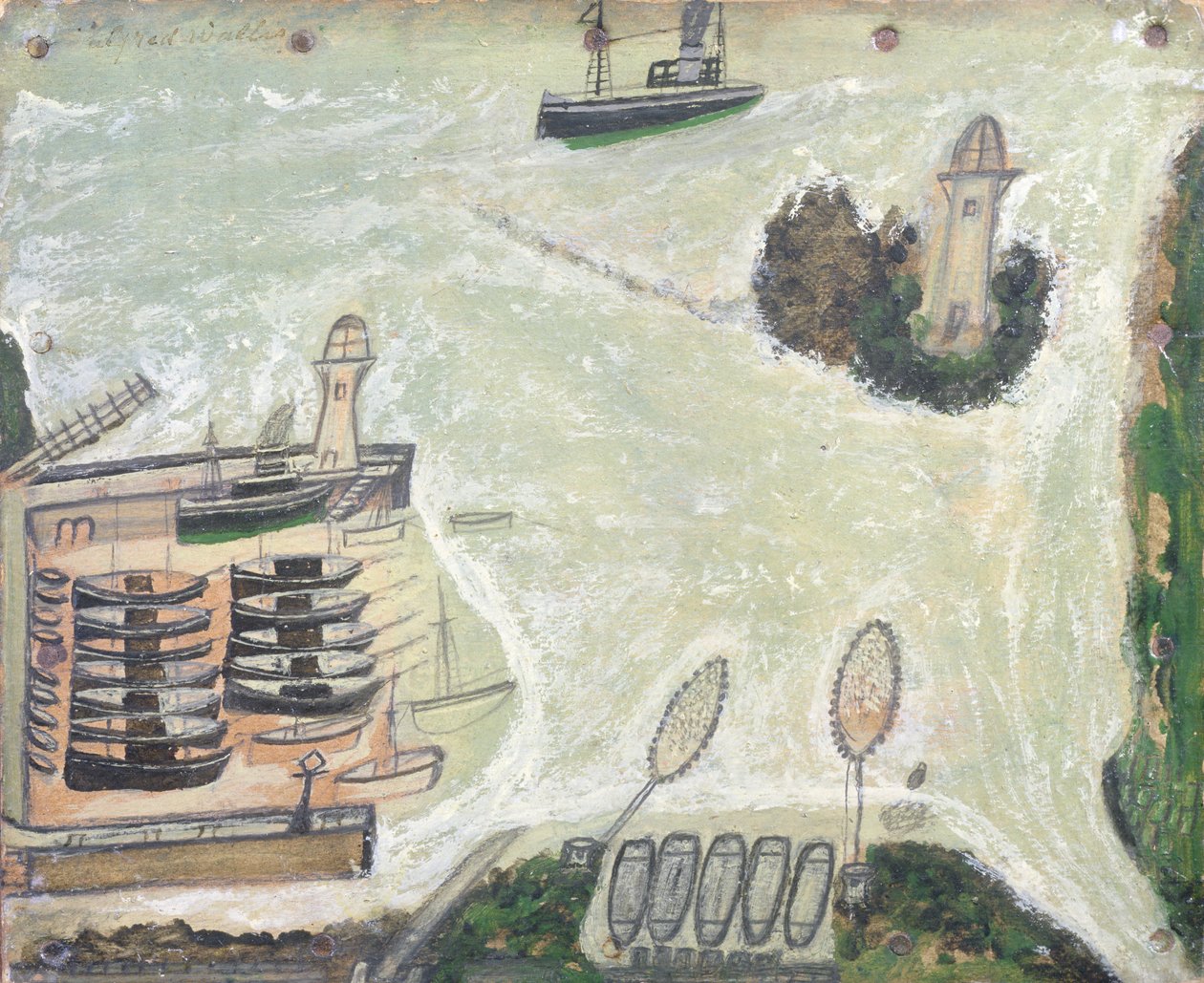 Haven van St. Ives en Godrevy Lighthouse, c.1930 door Alfred Wallis