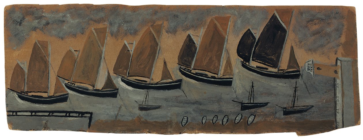 Haven van St. Ives met vijf zeilboten door Alfred Wallis