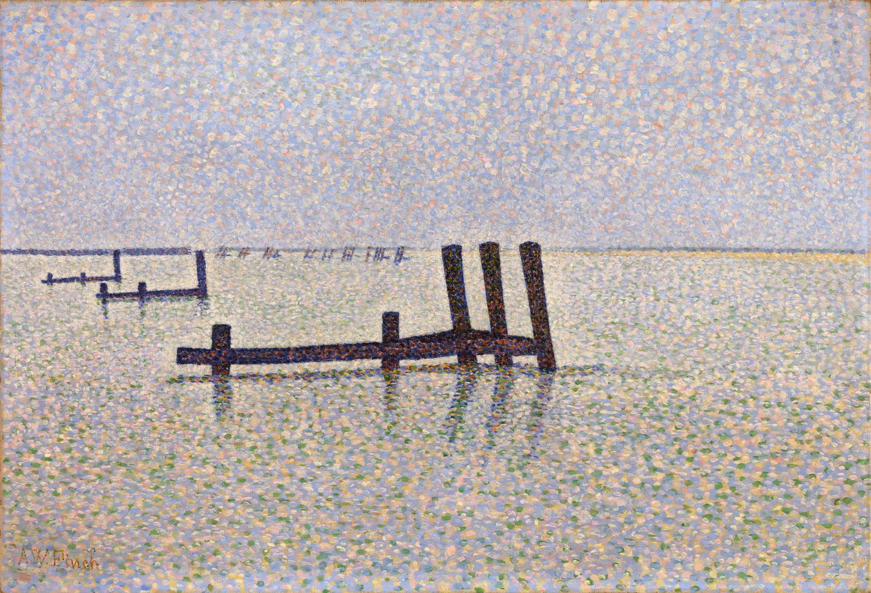 Zicht op het Kanaal bij Nieuwpoort in België - Schilderij van Alfred William (Willy) Finch (1854-1930) circa 1889, pointillisme door Alfred William Finch