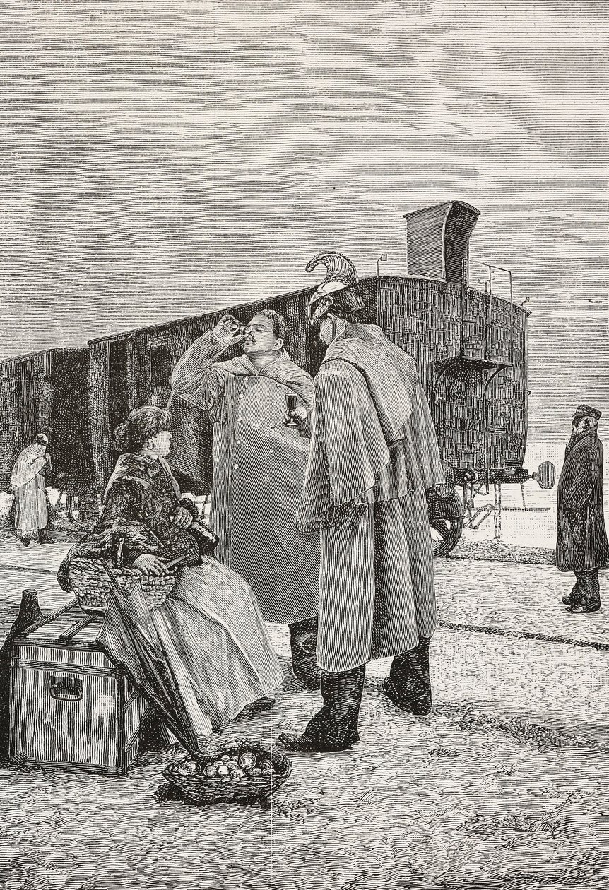 Vijf minuten stop, twee mannen staan bij een treinstop te drinken en eten, gravure naar een schilderij van Alfredo Luxoro, uit L