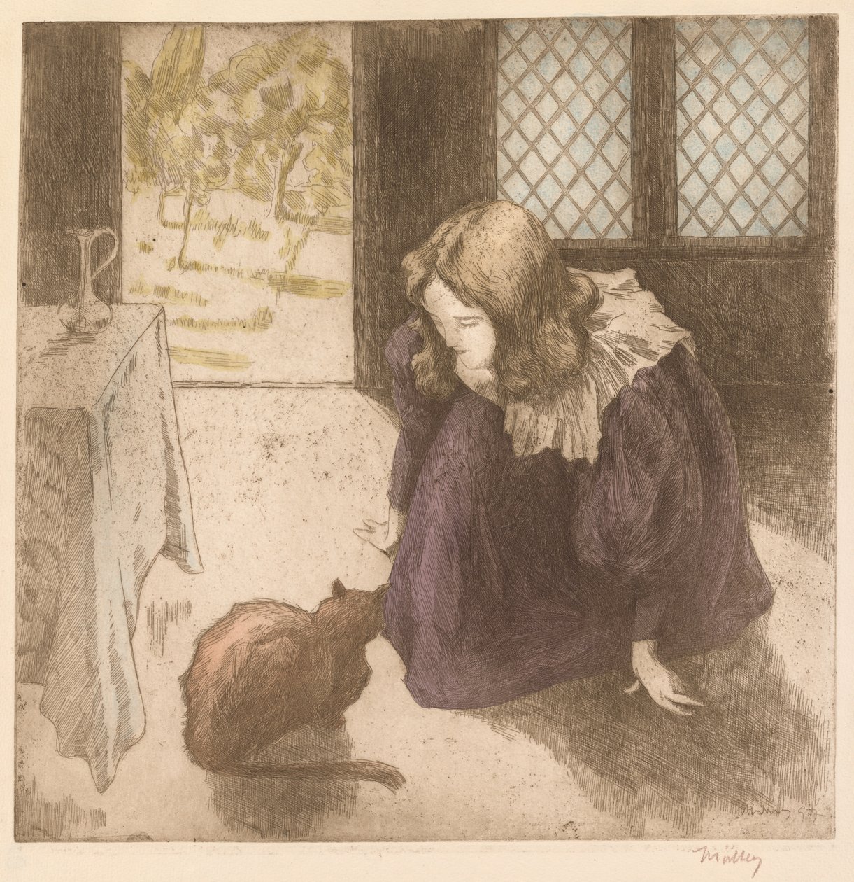 Interieur, Klein meisje met kat La Petite fille au chat, 1897 door Alfredo Müller