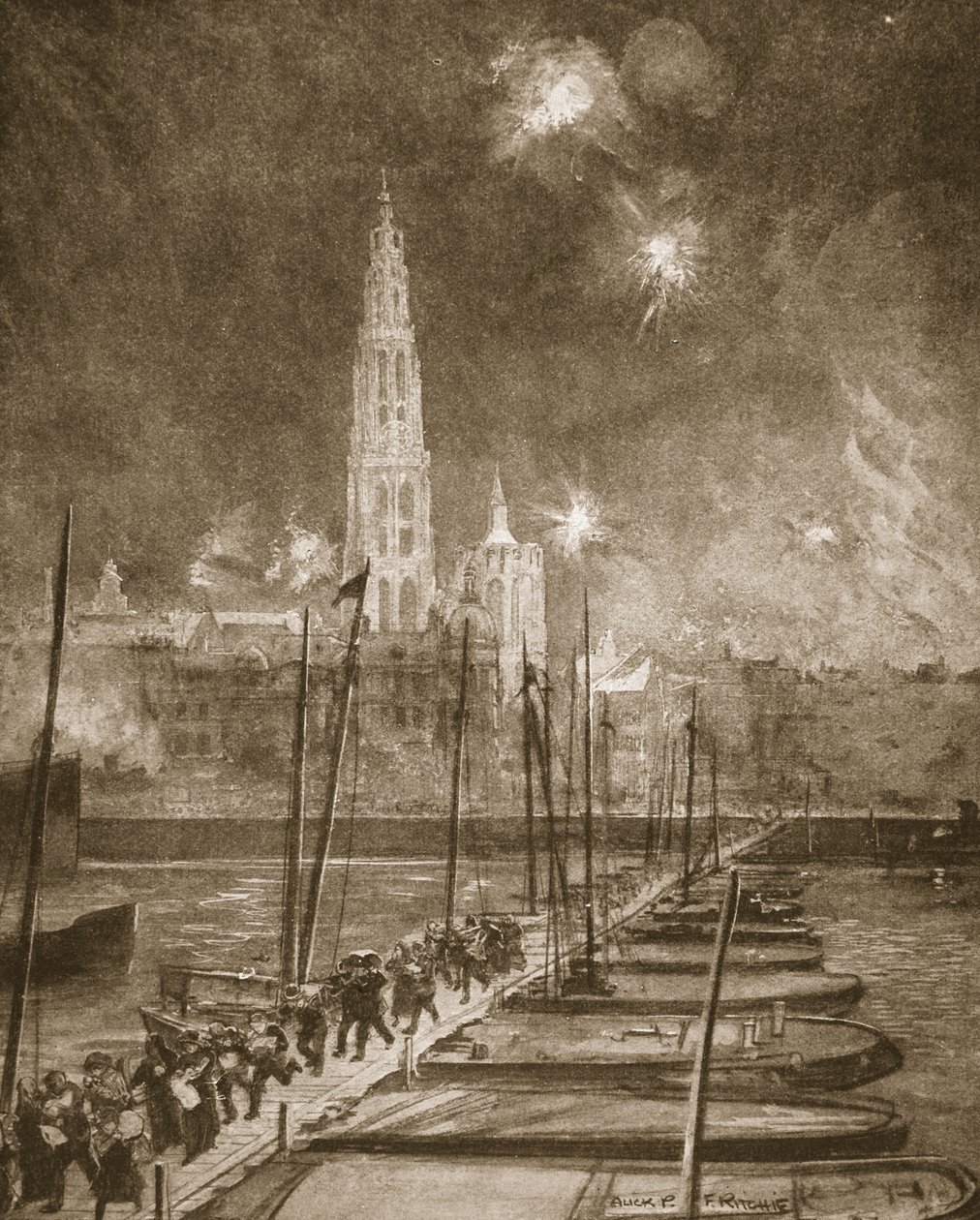 Vluchtelingen uit Antwerpen steken de pontonbrug over de Schelde over door Alick P. F. Ritchie