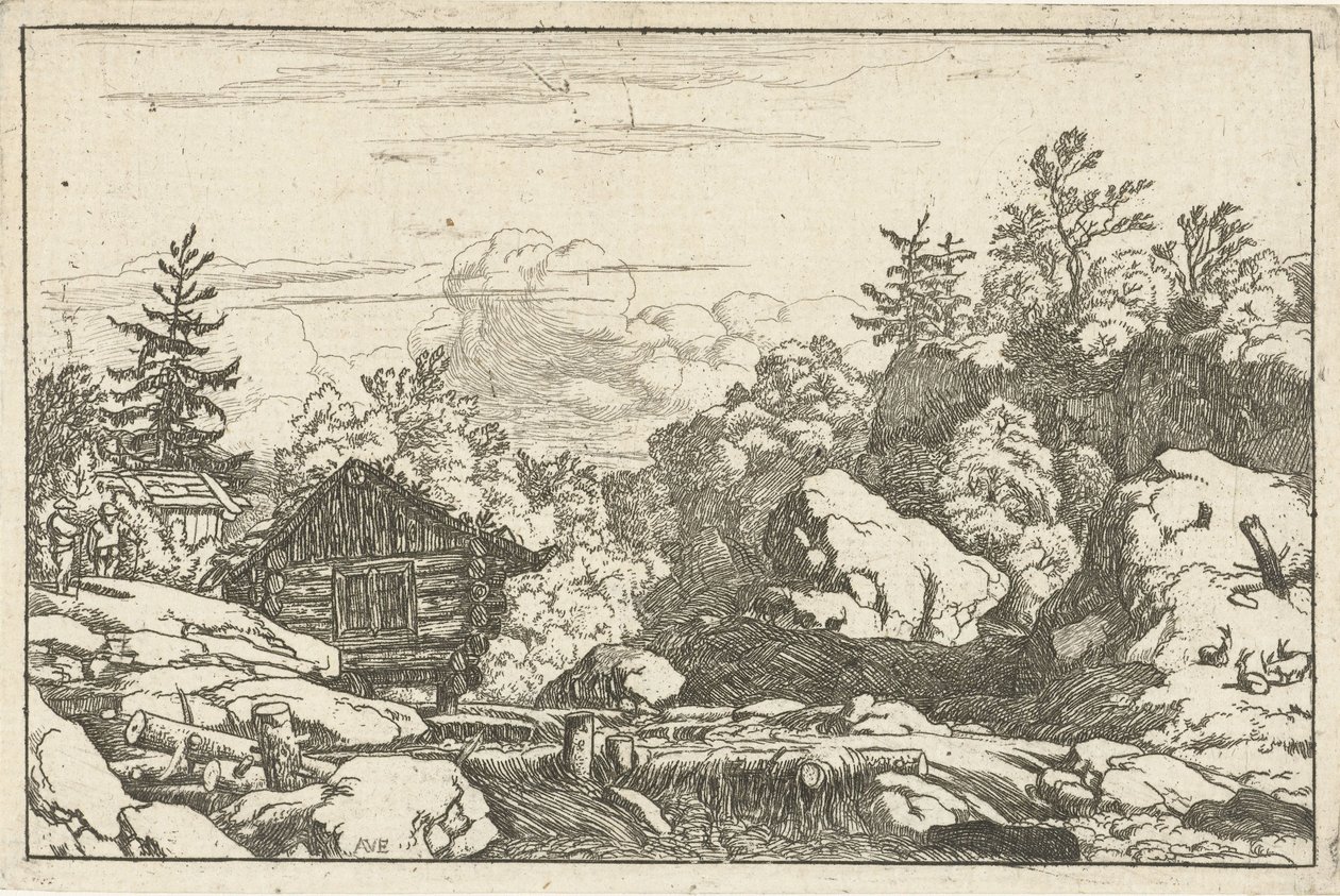 Landschap met hut bij waterval door Allaert van Everdingen