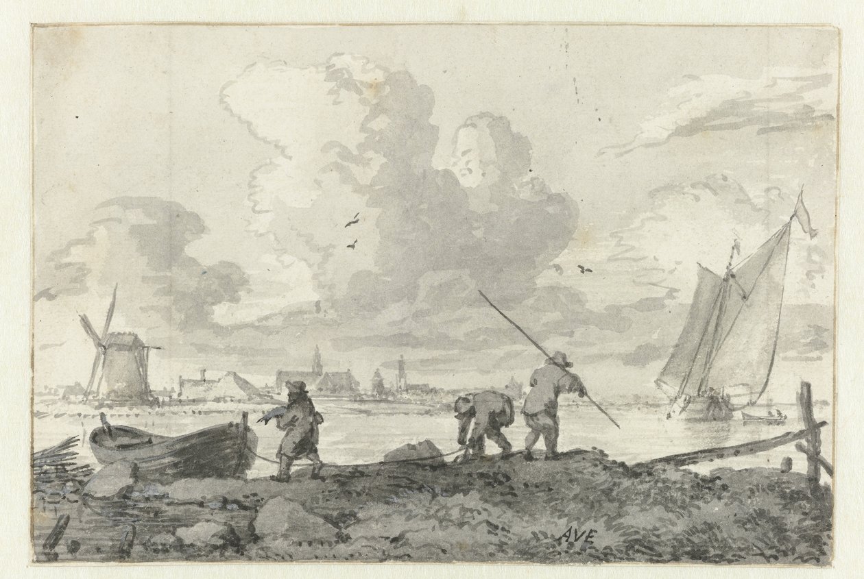 Vissers met hun roeiboot aan het Spaarne bij Haarlem door Allaert van Everdingen