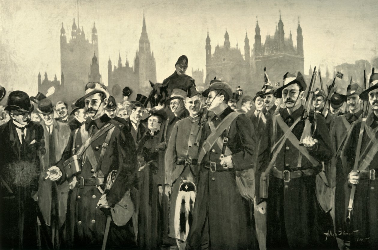 Londens Reactie - De City Imperial Volunteers Oversteken Westminster Bridge, 1900 door Allan Stewart