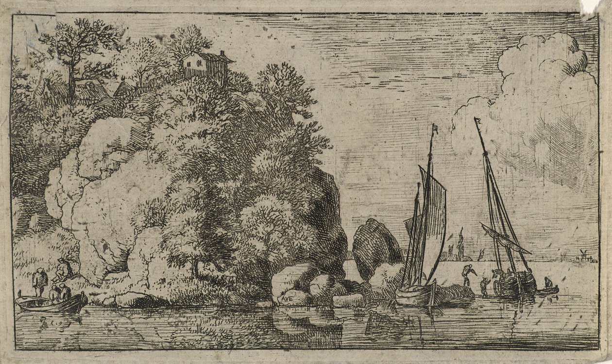 Twee boten op een brede rivier door Allart van Everdingen