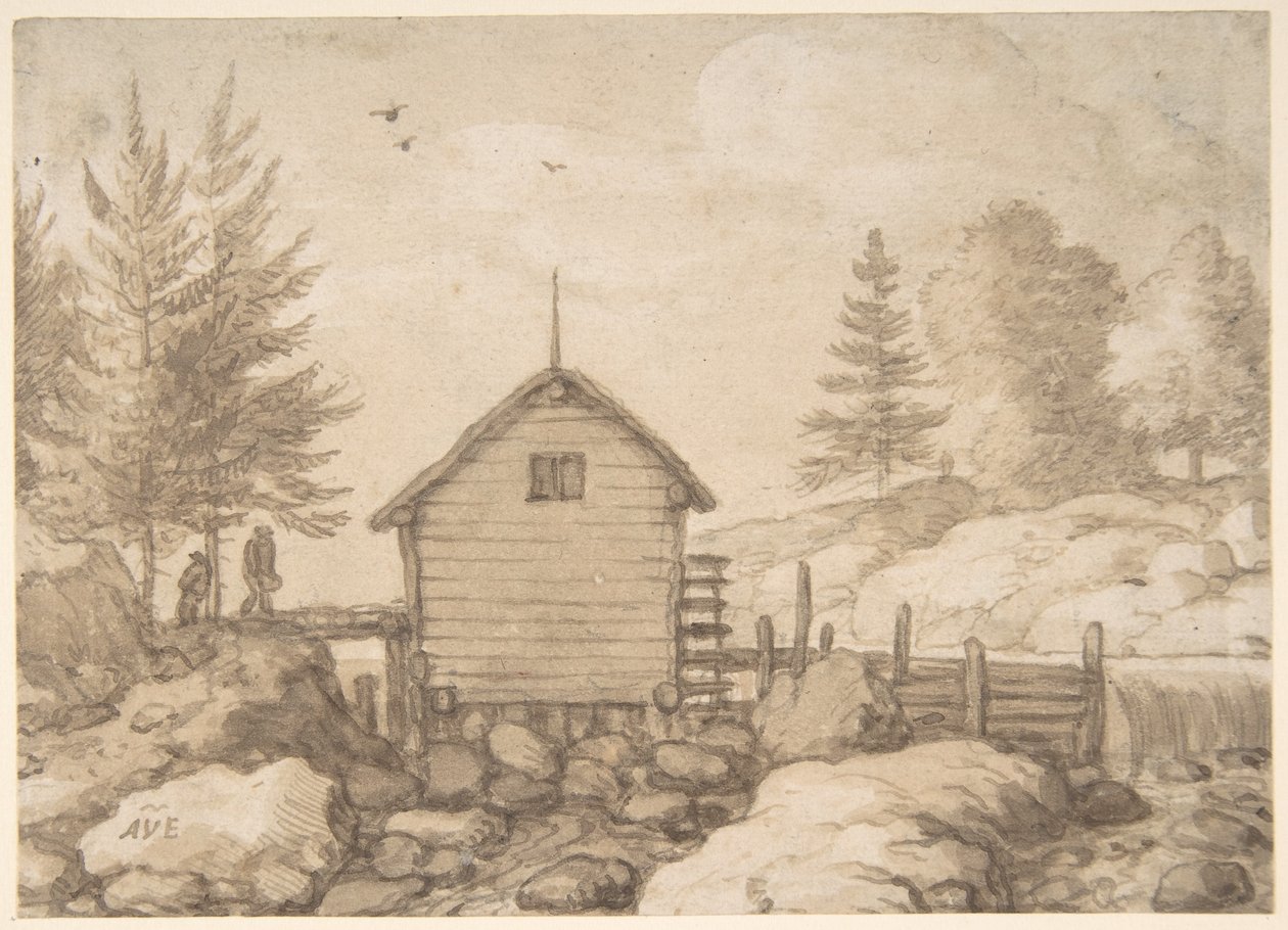 Een molen op rotsen in een rivier in Noorwegen door Allart van Everdingen