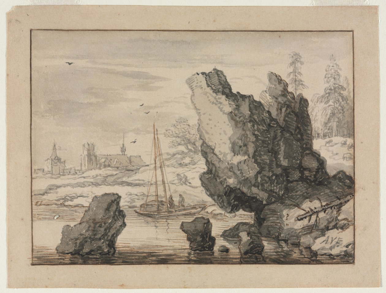 Een rotsachtige baai met vissersboten door Allart van Everdingen