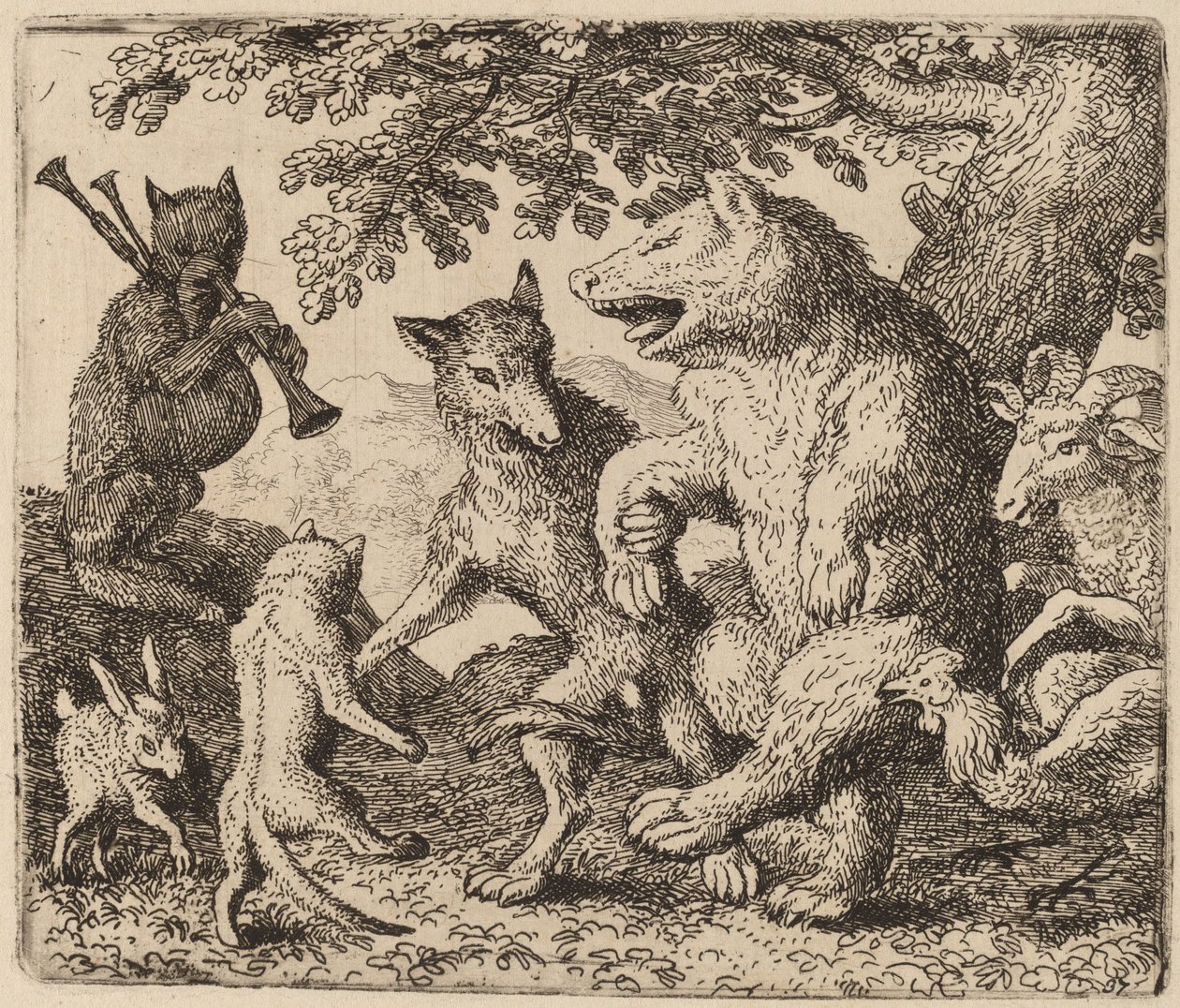 Allen Verheugen zich voor de Beer en de Wolf, waarschijnlijk ca. 1645-1656 door Allart van Everdingen