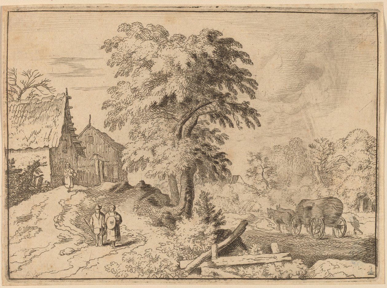 Kar met twee trekpaarden door Allart van Everdingen