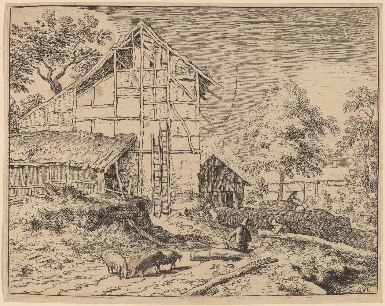 Huisje met twee ladders door Allart van Everdingen