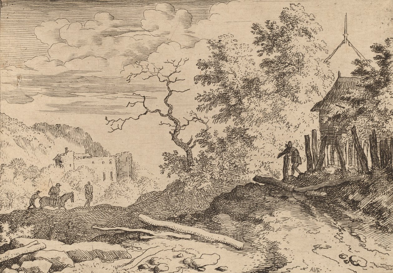 Hut met de resten van een heg, waarschijnlijk ca. 1645-1656 door Allart van Everdingen