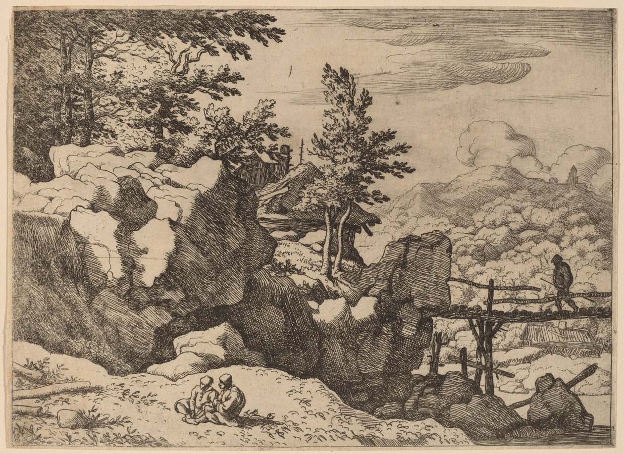 Man op een Kleine Houten Brug, waarschijnlijk ca. 1645-1656 door Allart van Everdingen