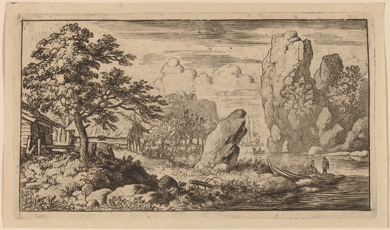 Puntige rots aan de oever van een rivier door Allart van Everdingen