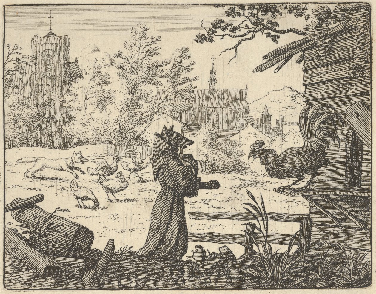 Renard, Vermomd als een Monnik, Wint het Vertrouwen van de Haan, 1650-75 door Allart van Everdingen