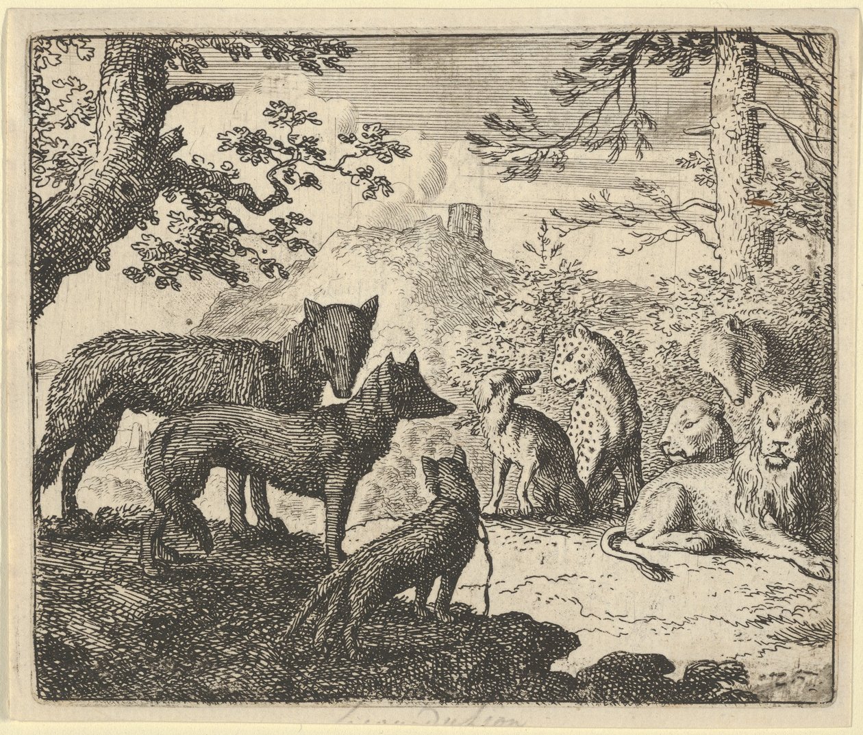 Renards ouders vragen zich van het hof te mogen terugtrekken, uit "Renard de Vos" van Hendrick van Alcmar door Allart van Everdingen