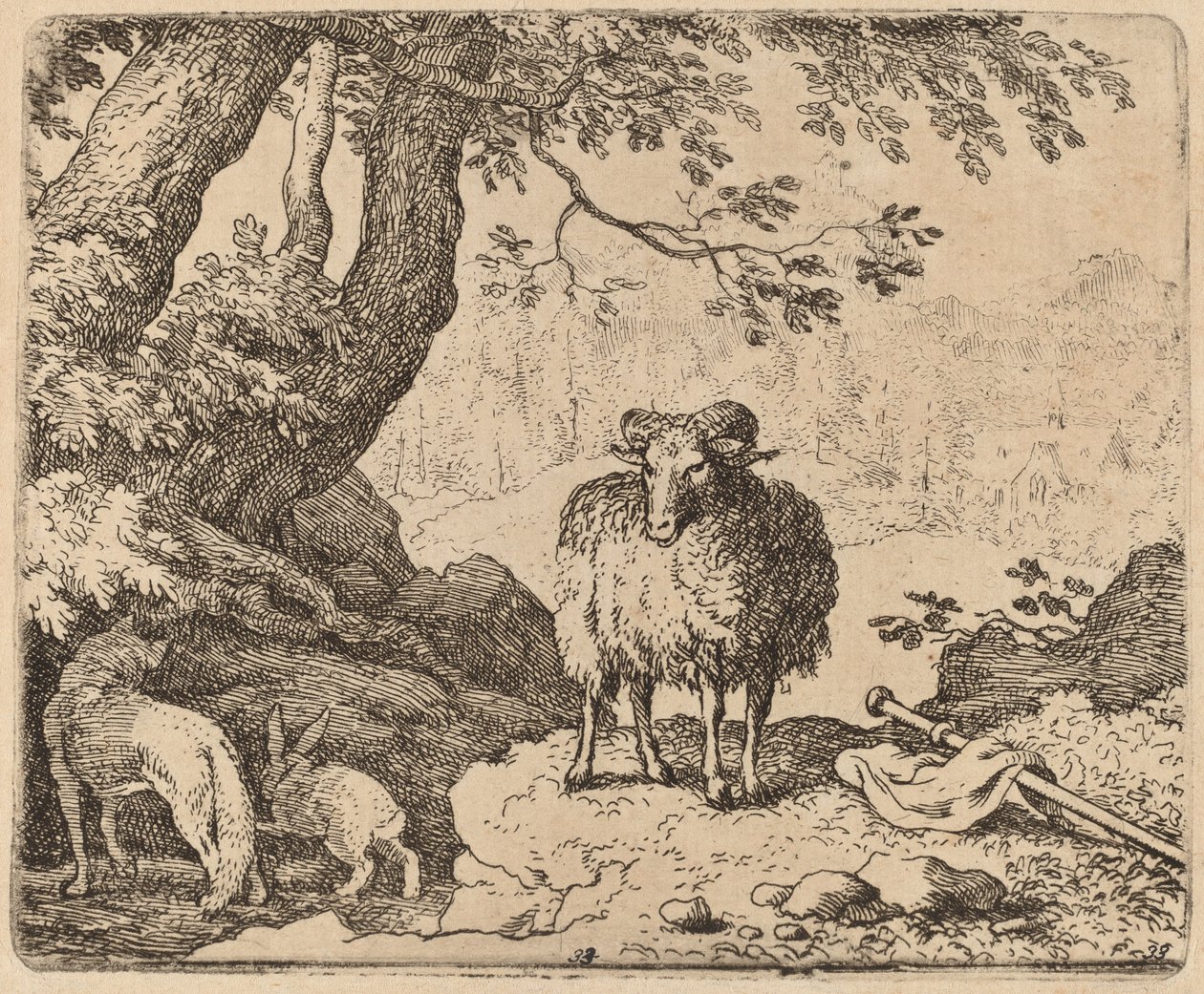 Reinaert keert terug naar huis, vergezeld door de ram en het konijn, waarschijnlijk ca. 1645-1656 door Allart van Everdingen