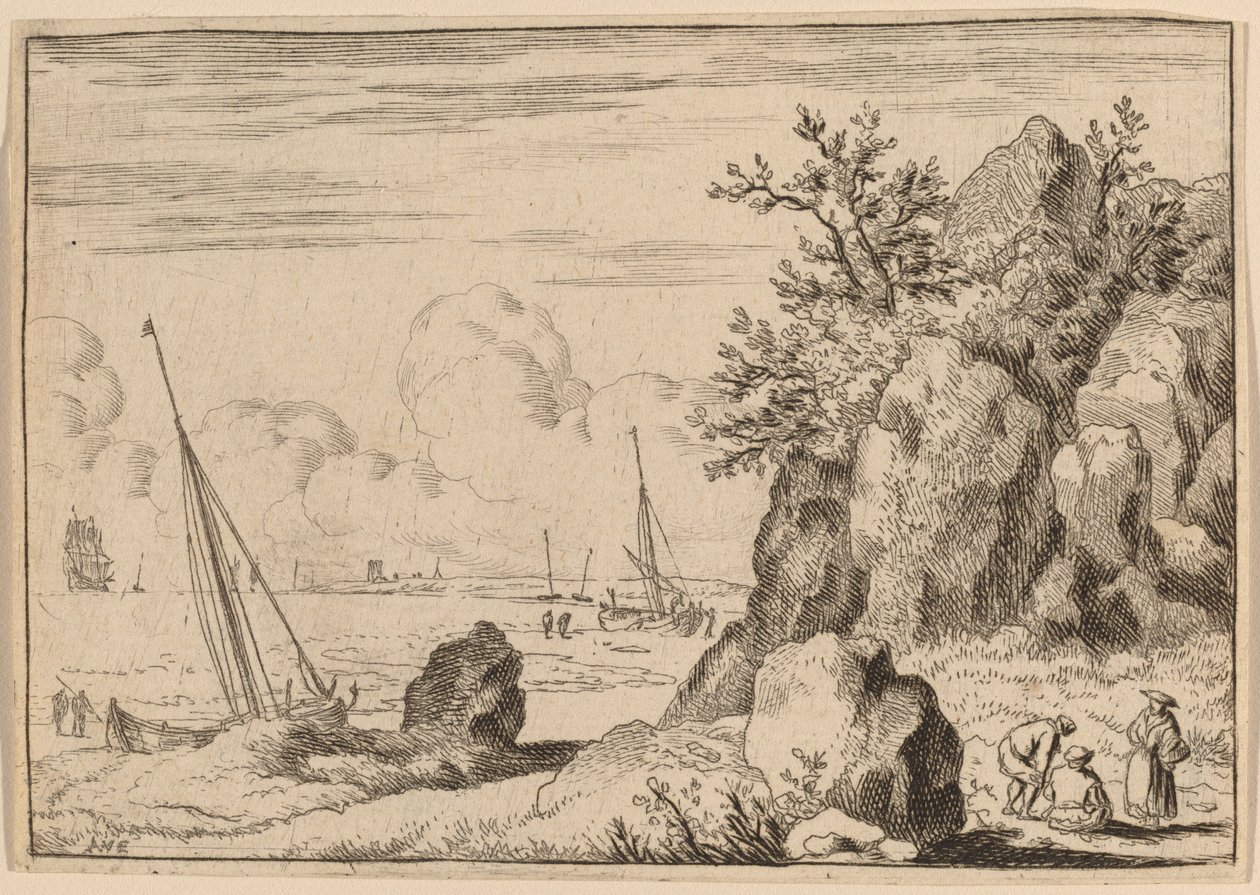Zeegezicht met drie figuren rechts, waarschijnlijk ca. 1645-1656 door Allart van Everdingen