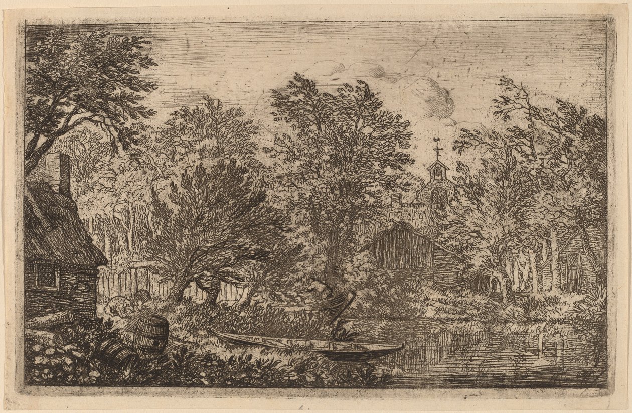 Bootje aan een Rivieroever, waarschijnlijk ca. 1645-1656 door Allart van Everdingen