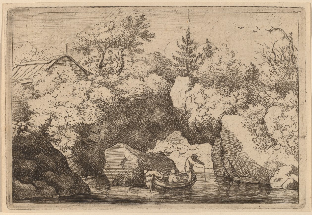 Skiff onder een gespleten rots, waarschijnlijk ca. 1645-1656 door Allart van Everdingen