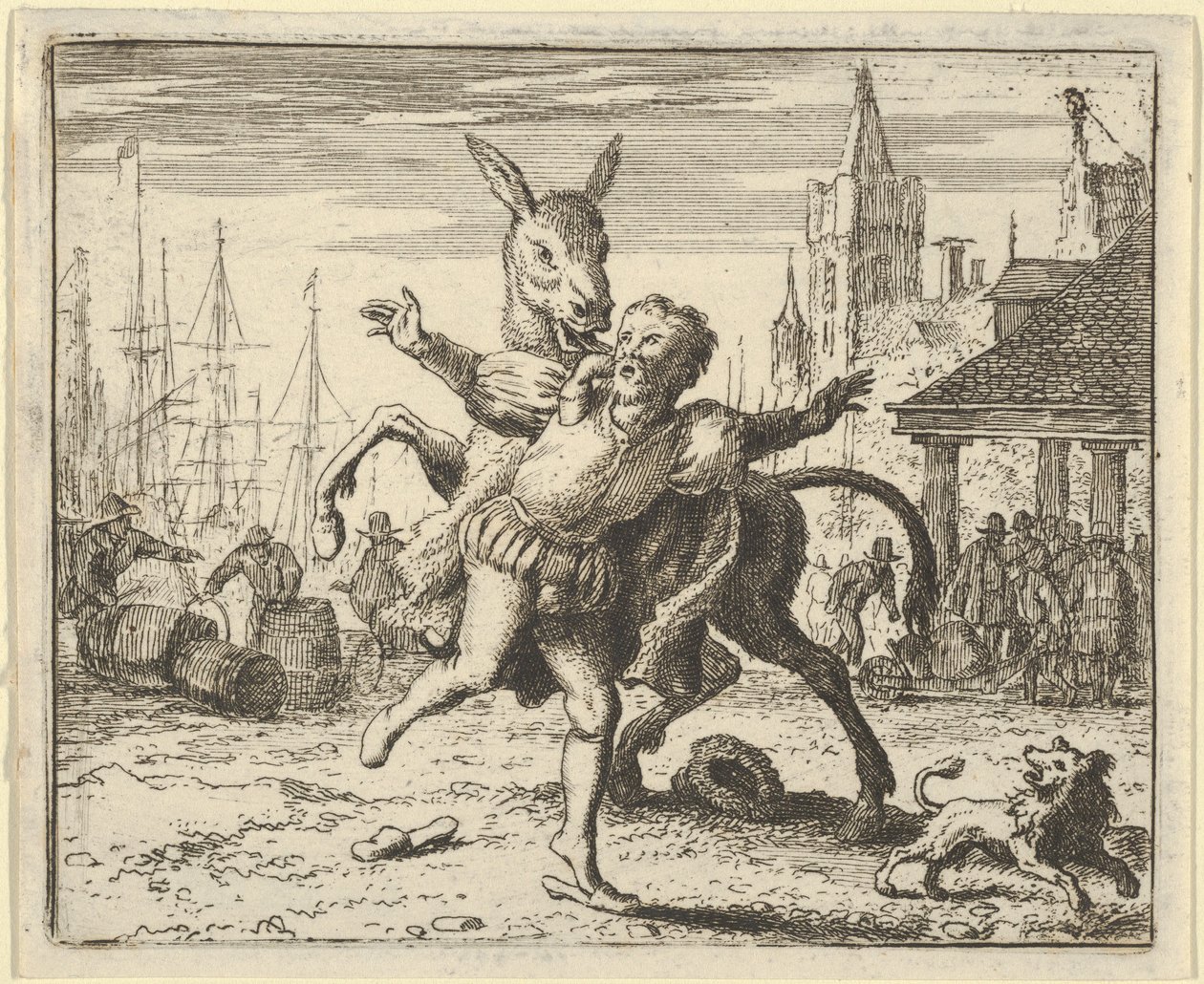 De ezel, jaloers op de aandacht die de hond van zijn meester krijgt, probeert te imiteren ..., 1650-75 door Allart van Everdingen