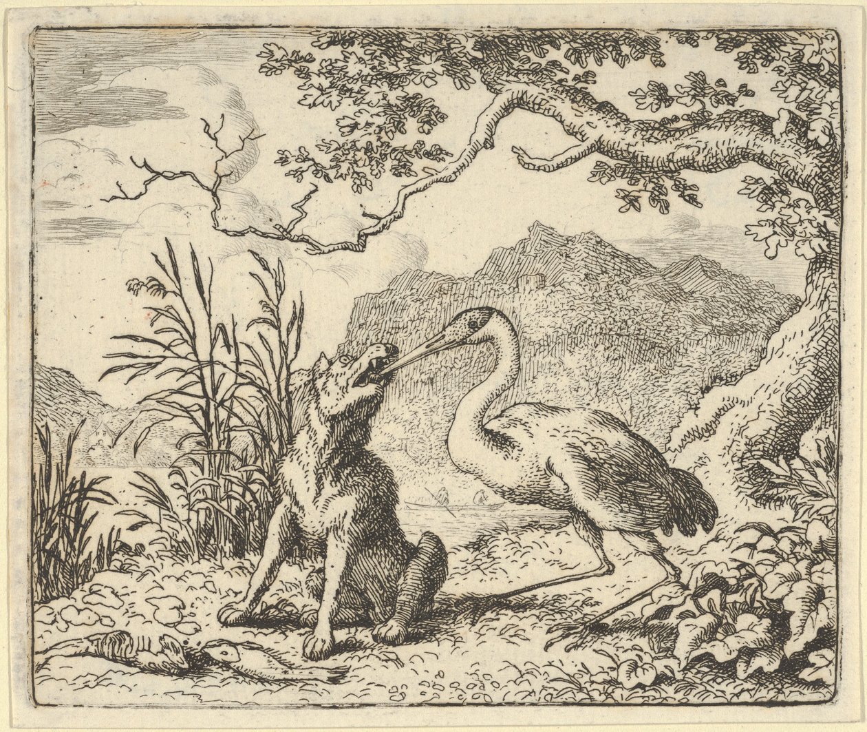 De ooievaar verwijdert een bot uit de keel van de wolf uit Hendrick van Alcmar