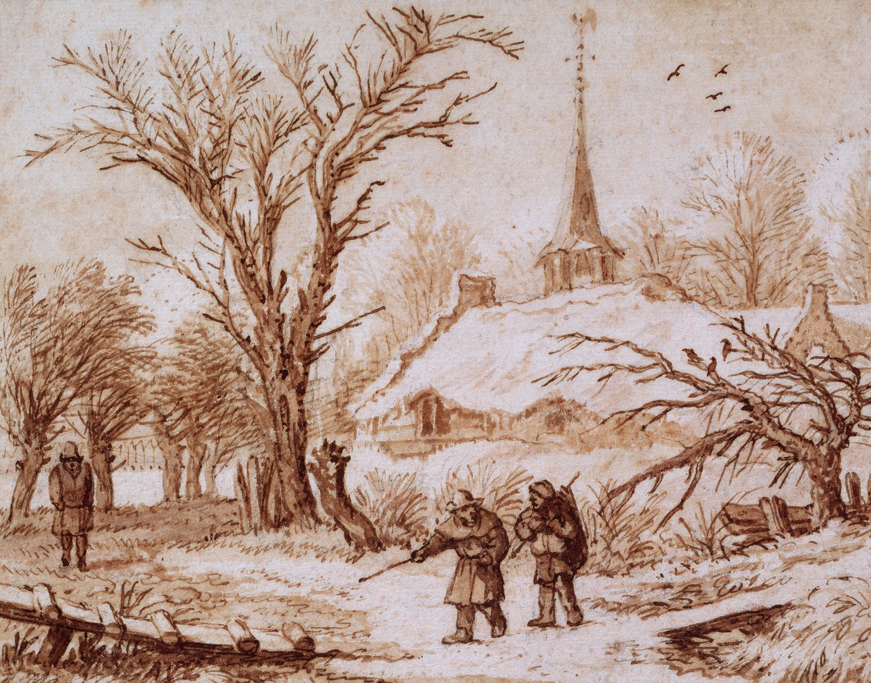 Reizigers op een weg bij een dorp in de winter door Allart van Everdingen