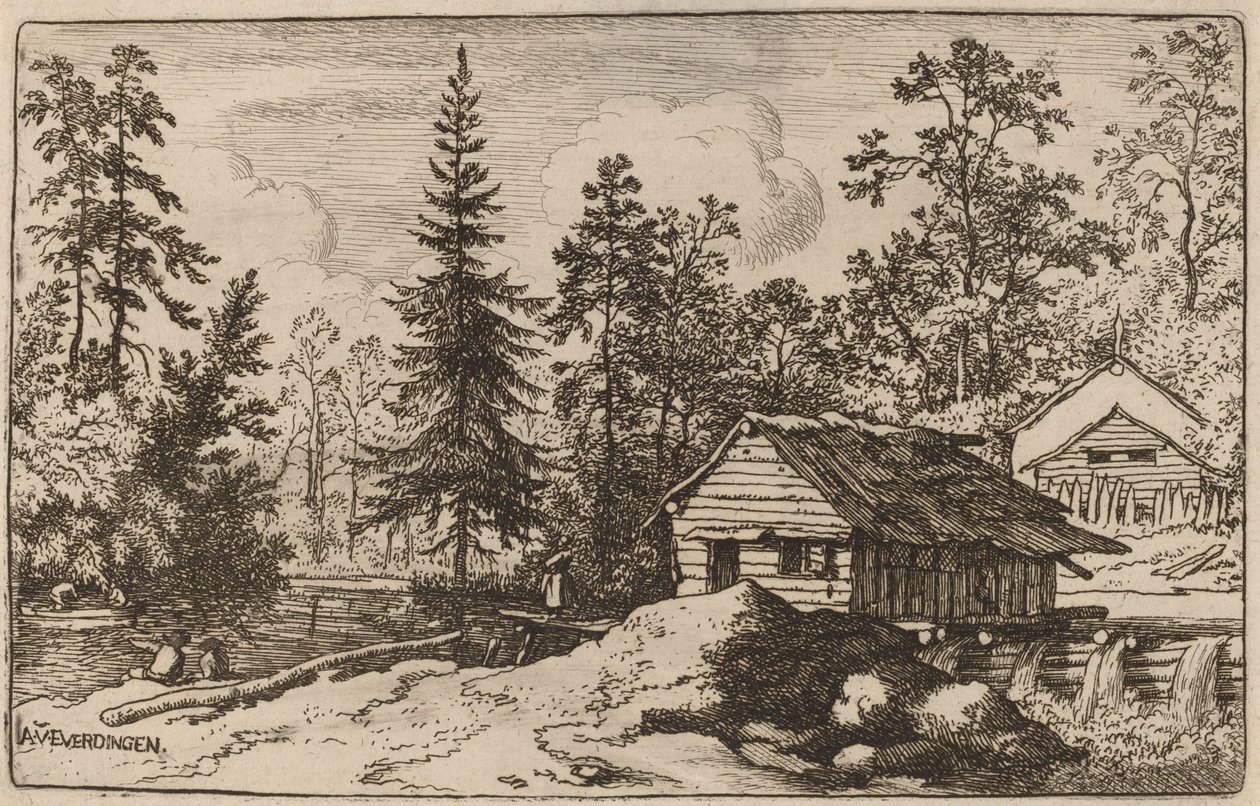 Vrouw in een rivierschap kijkend naar een boot, waarschijnlijk ca. 1645-1656 door Allart van Everdingen
