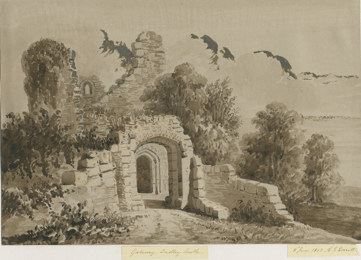 Dudley Castle - De Poort: rood-sepia was tekening door Allen Edward Everitt