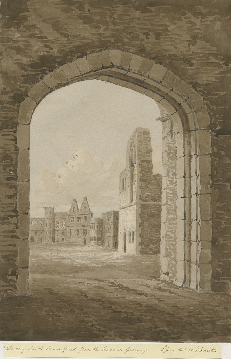Dudley Castle - De Donjon: rood-sepia tekening, 8 jun 1843 door Allen Edward Everitt